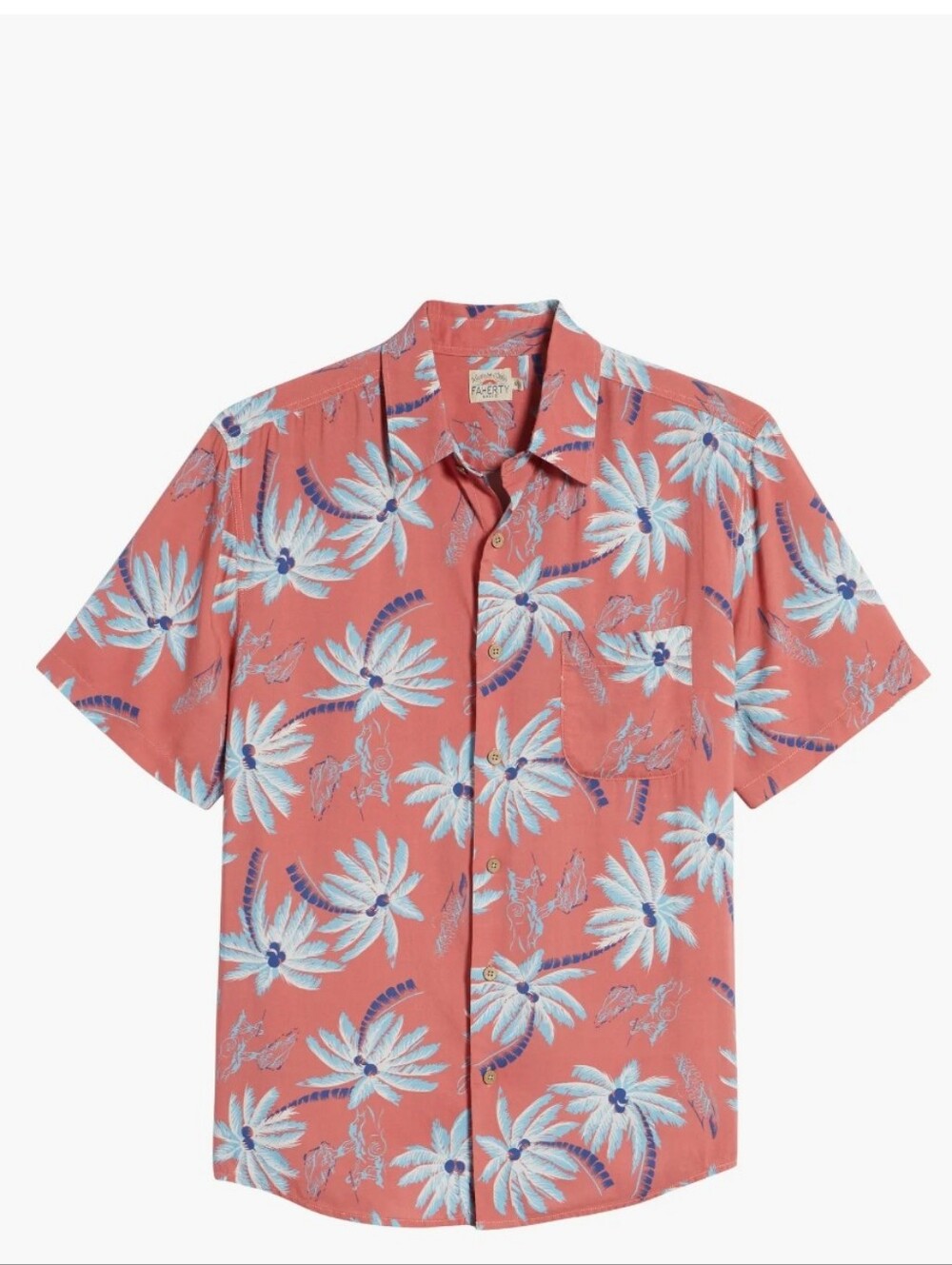 FAHERTY BRAND CORAL TROPICAL PALM PRINT RAYON SHORT SLEEVE SHIRT SZ L